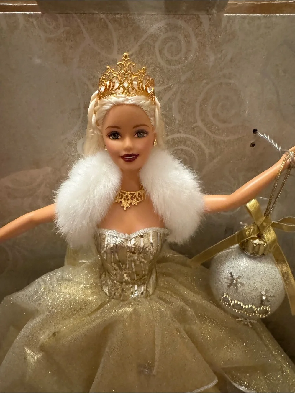 Barbie Gold Celebration Party Doll with White Fur and Ornament